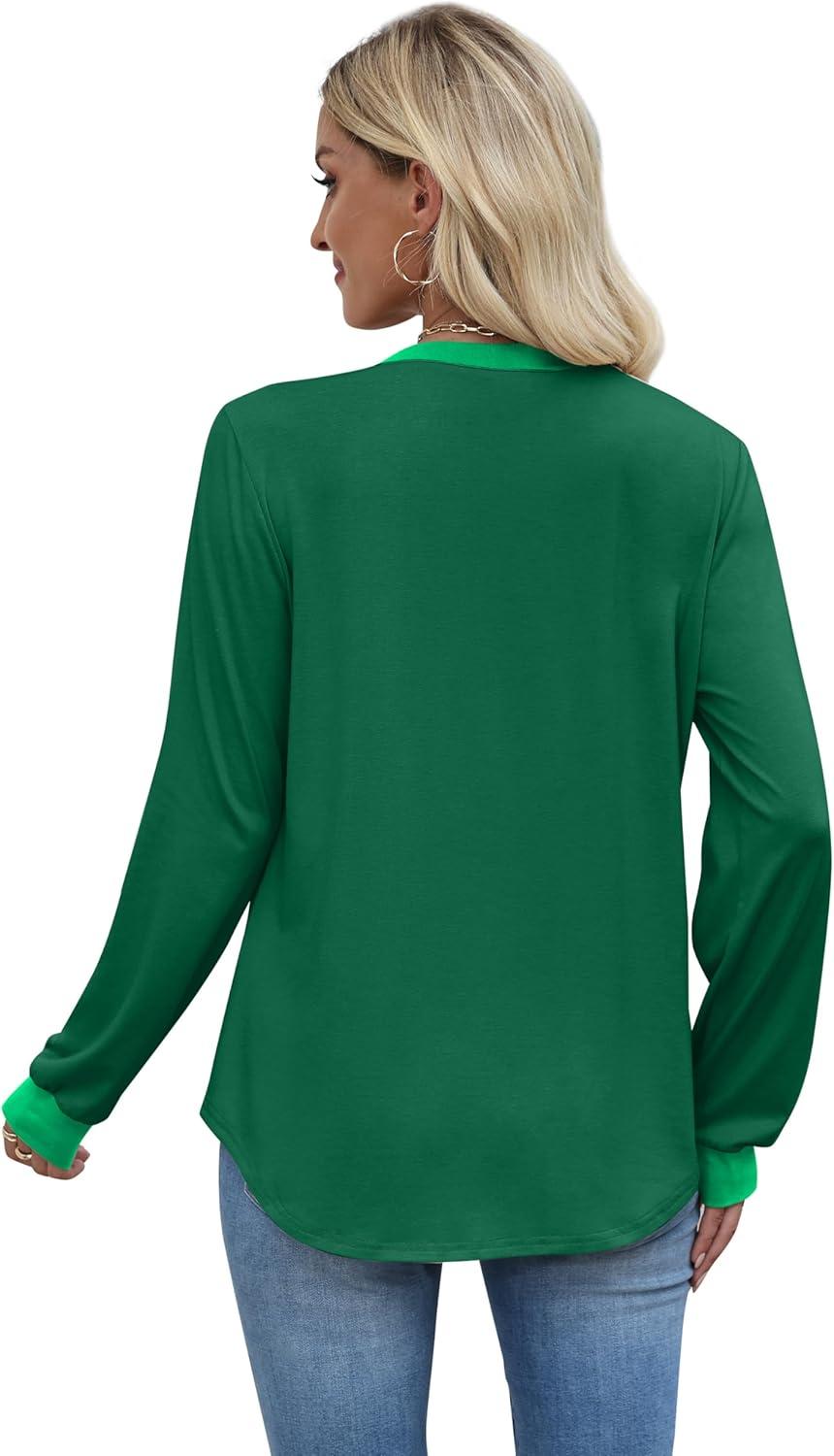 imageXIEERDUO Womens Long Sleeve Tops Color Block Casual Crewneck Tops Tshirt Basic Tee Fall Fashion Clothes Trendy OutfitsGreen