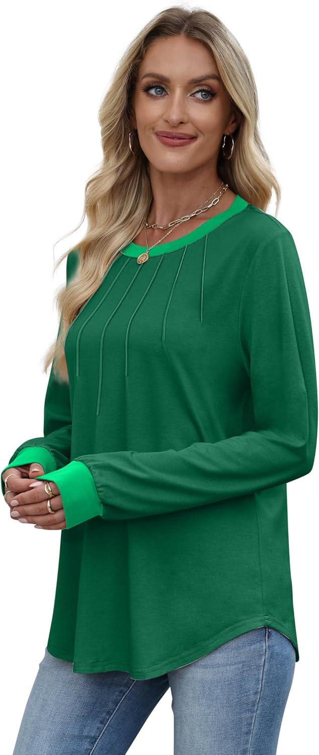 imageXIEERDUO Womens Long Sleeve Tops Color Block Casual Crewneck Tops Tshirt Basic Tee Fall Fashion Clothes Trendy OutfitsGreen