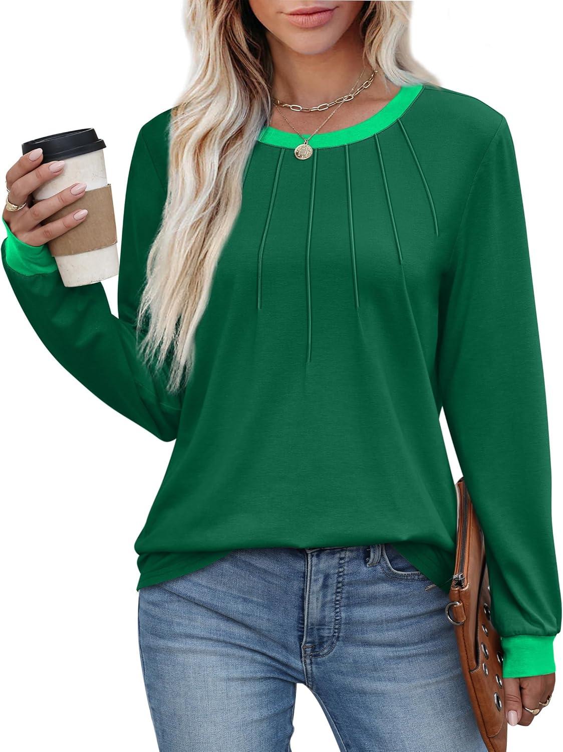 imageXIEERDUO Womens Long Sleeve Tops Color Block Casual Crewneck Tops Tshirt Basic Tee Fall Fashion Clothes Trendy OutfitsGreen