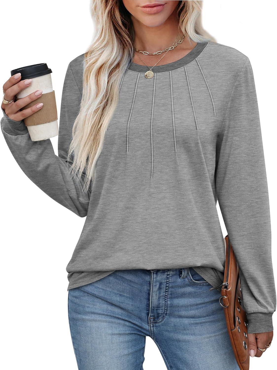 imageXIEERDUO Womens Long Sleeve Tops Color Block Casual Crewneck Tops Tshirt Basic Tee Fall Fashion Clothes Trendy OutfitsGrey