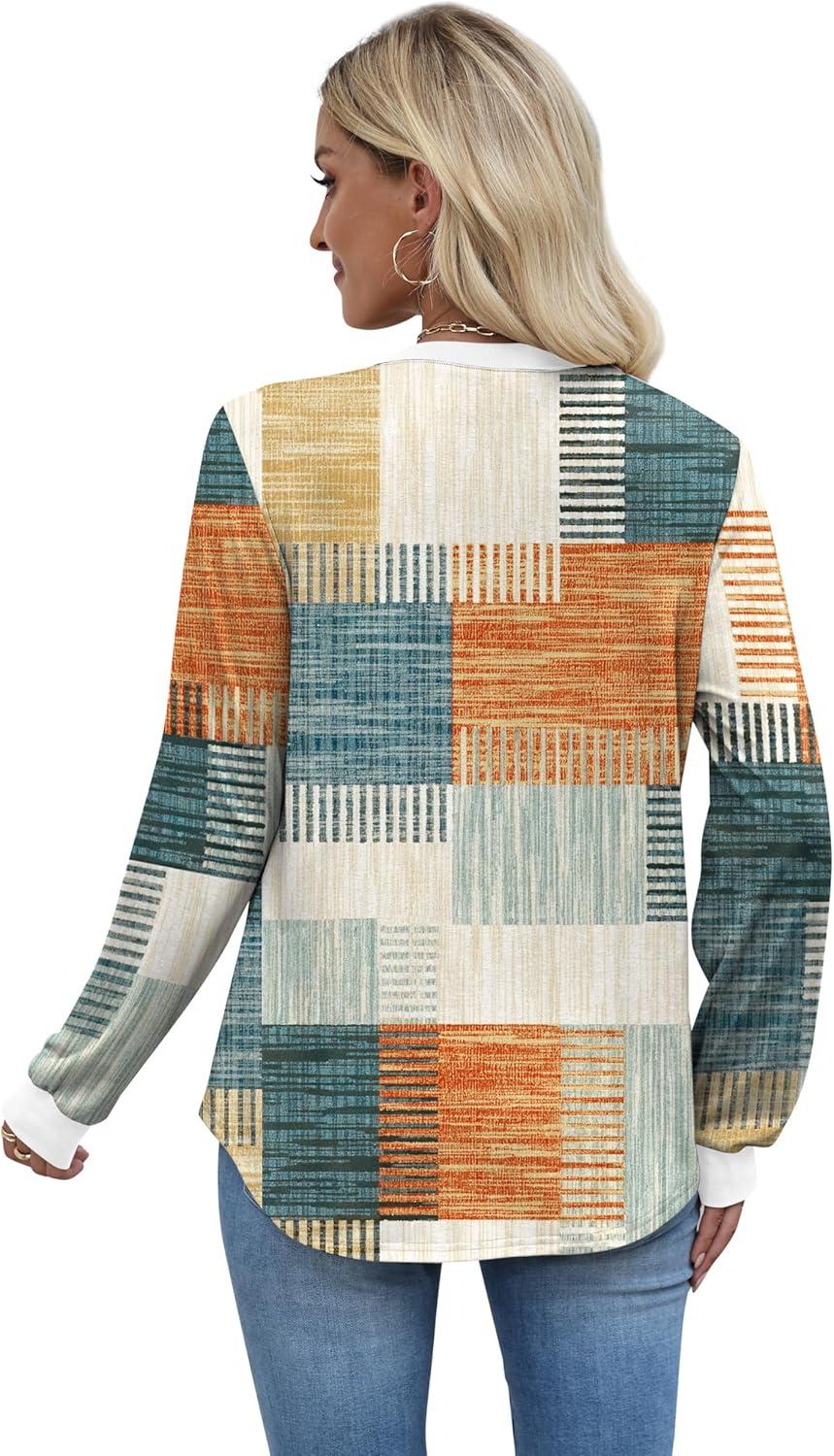 imageXIEERDUO Womens Long Sleeve Tops Color Block Casual Crewneck Tops Tshirt Basic Tee Fall Fashion Clothes Trendy OutfitsPatternedorange and Blue Plaid