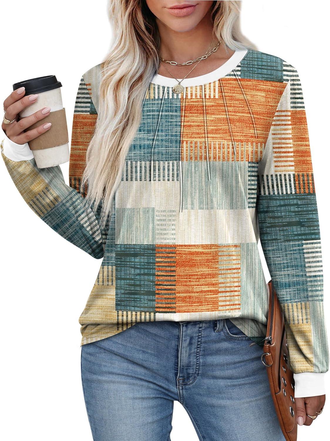 imageXIEERDUO Womens Long Sleeve Tops Color Block Casual Crewneck Tops Tshirt Basic Tee Fall Fashion Clothes Trendy OutfitsPatternedorange and Blue Plaid