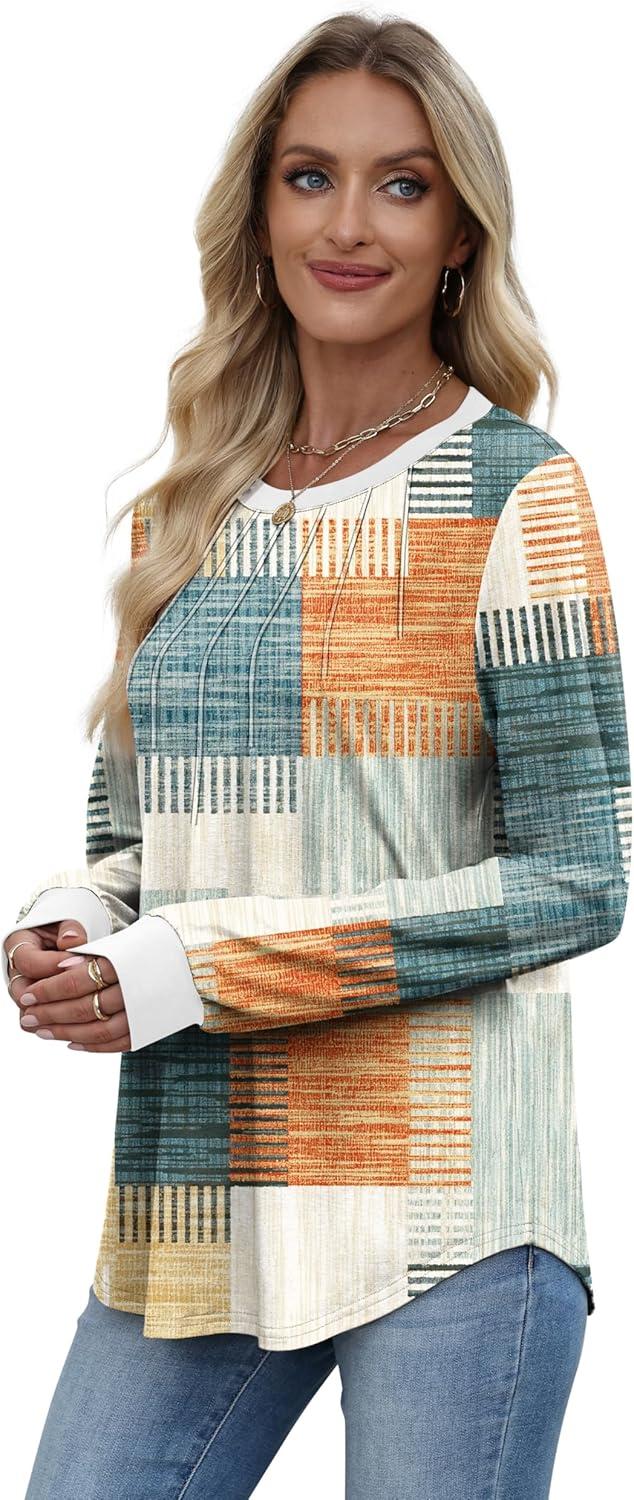 imageXIEERDUO Womens Long Sleeve Tops Color Block Casual Crewneck Tops Tshirt Basic Tee Fall Fashion Clothes Trendy OutfitsPatternedorange and Blue Plaid
