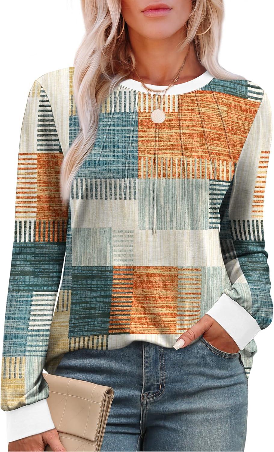 imageXIEERDUO Womens Long Sleeve Tops Color Block Casual Crewneck Tops Tshirt Basic Tee Fall Fashion Clothes Trendy OutfitsPatternedorange and Blue Plaid