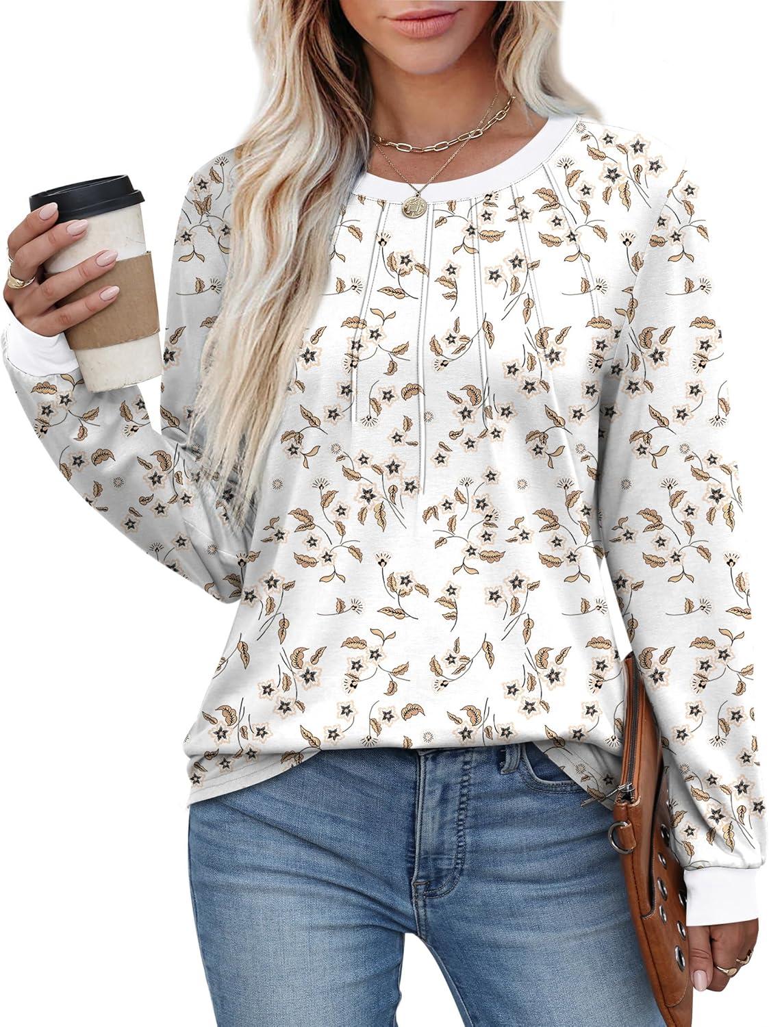 imageXIEERDUO Womens Long Sleeve Tops Color Block Casual Crewneck Tops Tshirt Basic Tee Fall Fashion Clothes Trendy OutfitsPatternedwhite Floral