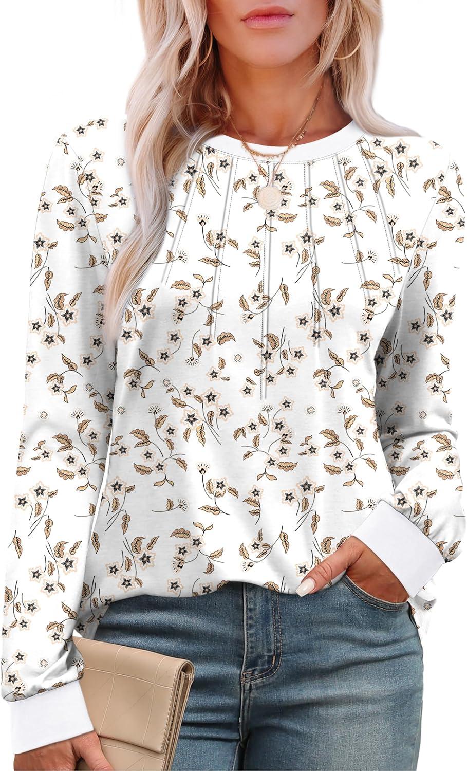 imageXIEERDUO Womens Long Sleeve Tops Color Block Casual Crewneck Tops Tshirt Basic Tee Fall Fashion Clothes Trendy OutfitsPatternedwhite Floral