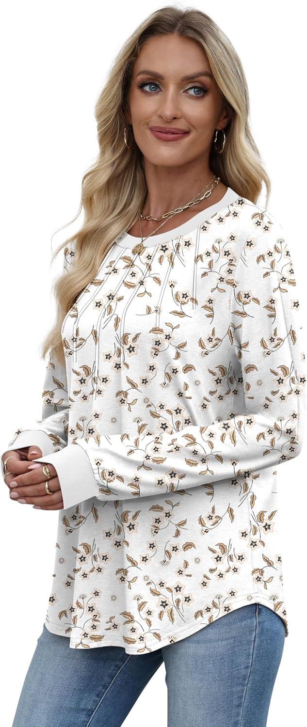imageXIEERDUO Womens Long Sleeve Tops Color Block Casual Crewneck Tops Tshirt Basic Tee Fall Fashion Clothes Trendy OutfitsPatternedwhite Floral