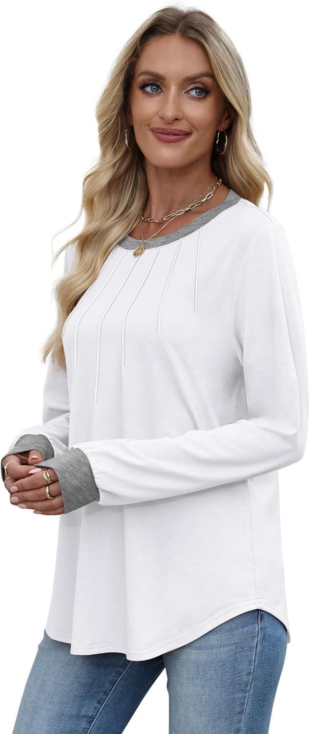 imageXIEERDUO Womens Long Sleeve Tops Color Block Casual Crewneck Tops Tshirt Basic Tee Fall Fashion Clothes Trendy OutfitsWhite