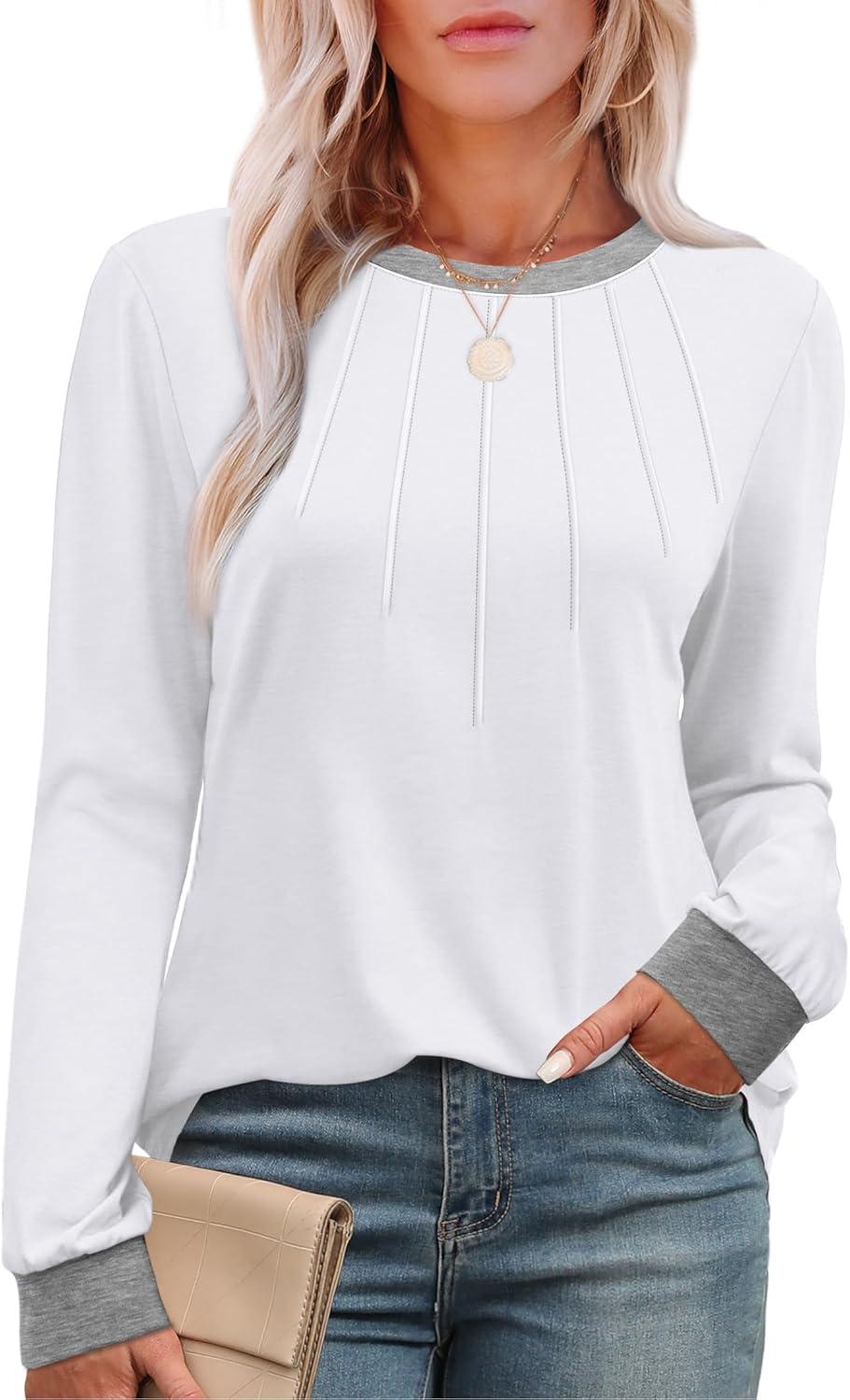 imageXIEERDUO Womens Long Sleeve Tops Color Block Casual Crewneck Tops Tshirt Basic Tee Fall Fashion Clothes Trendy OutfitsWhite