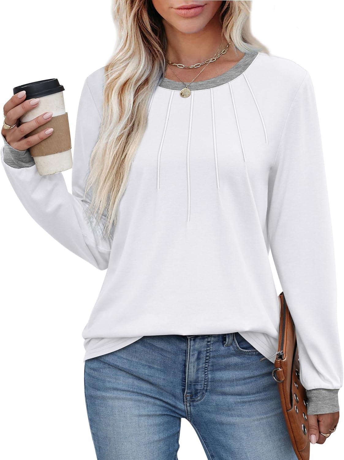 imageXIEERDUO Womens Long Sleeve Tops Color Block Casual Crewneck Tops Tshirt Basic Tee Fall Fashion Clothes Trendy OutfitsWhite