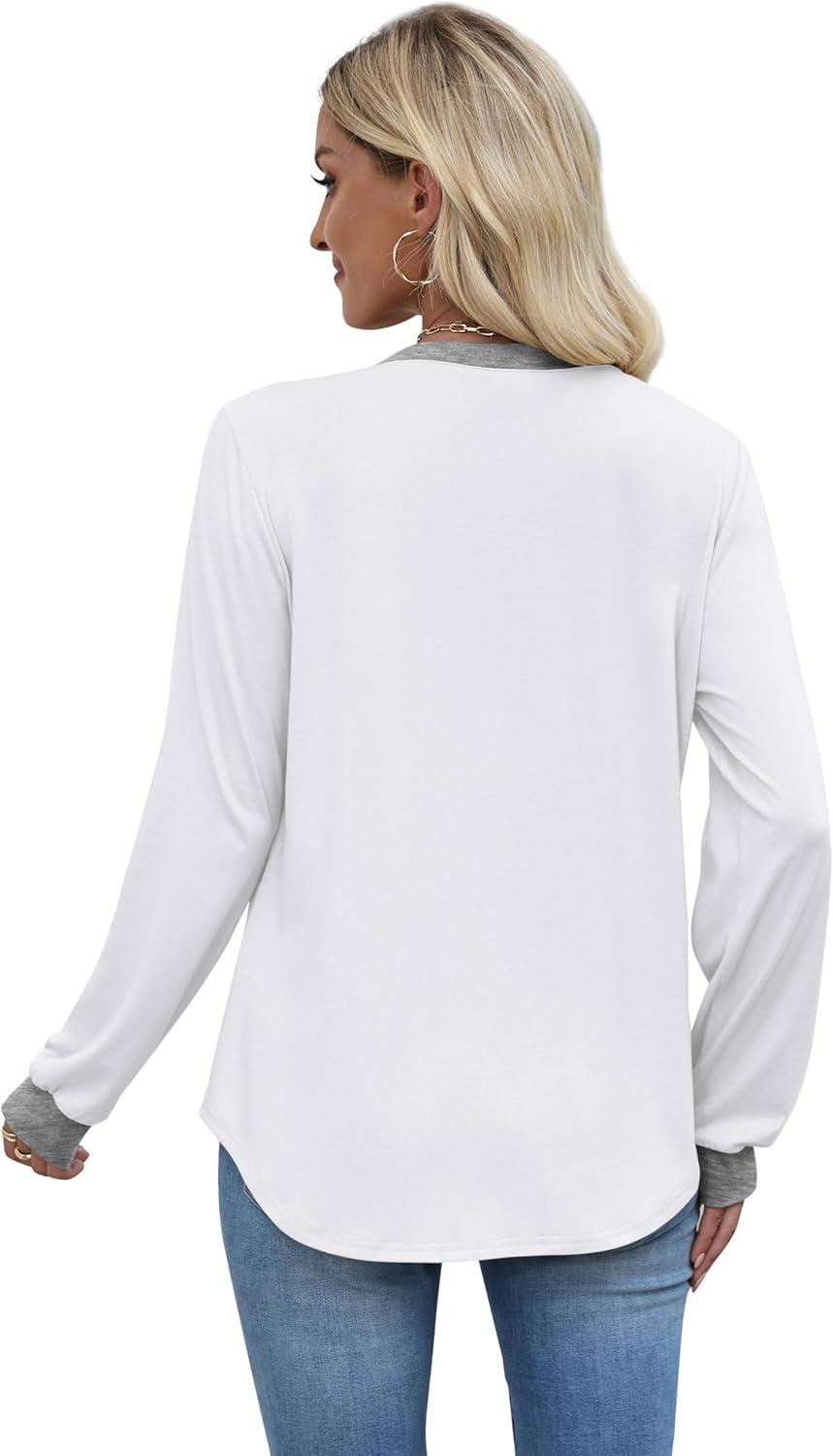 imageXIEERDUO Womens Long Sleeve Tops Color Block Casual Crewneck Tops Tshirt Basic Tee Fall Fashion Clothes Trendy OutfitsWhite