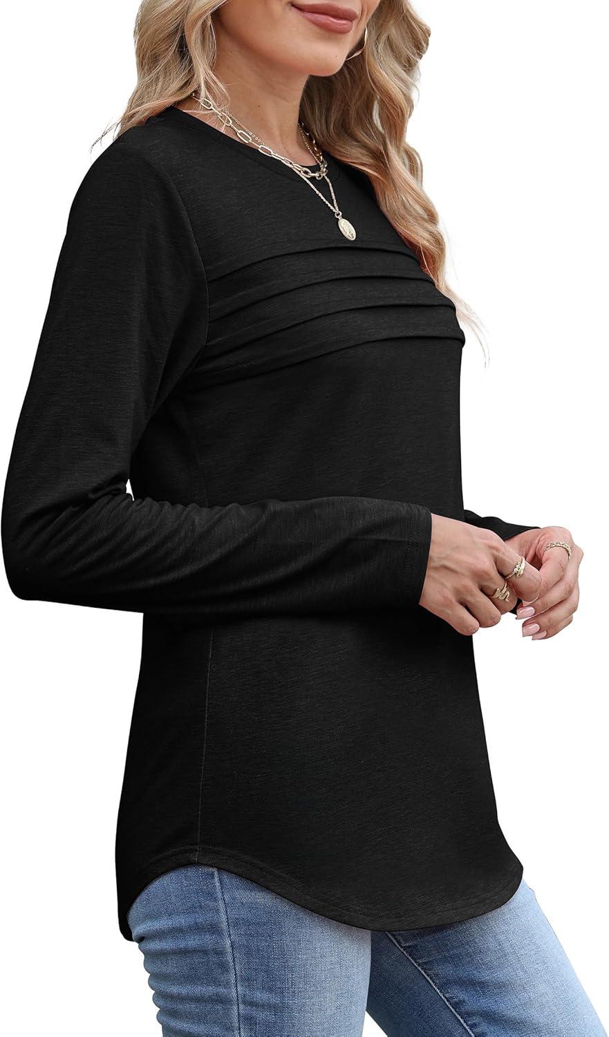 imageXIEERDUO Womens Pleated Tunic Tops Fall Long Sleeve Blouses Fashion Curved Hem Shirts Dressy Casual S3XLA Black