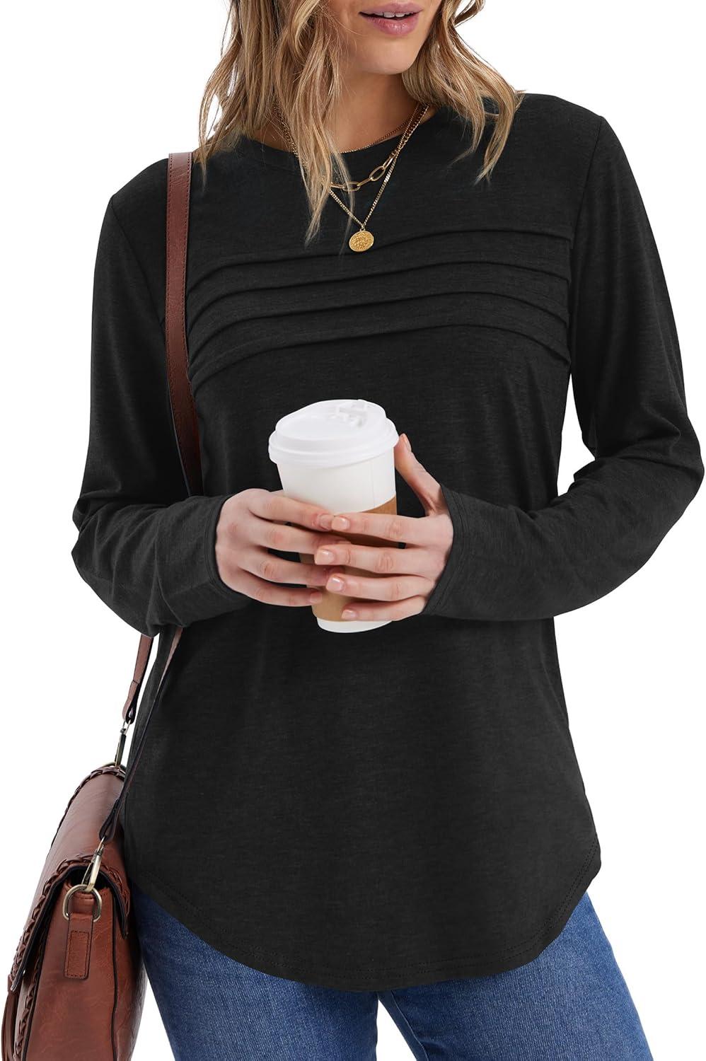 imageXIEERDUO Womens Pleated Tunic Tops Fall Long Sleeve Blouses Fashion Curved Hem Shirts Dressy Casual S3XLA Black