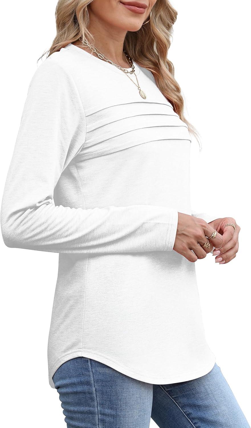 imageXIEERDUO Womens Pleated Tunic Tops Fall Long Sleeve Blouses Fashion Curved Hem Shirts Dressy Casual S3XLA White