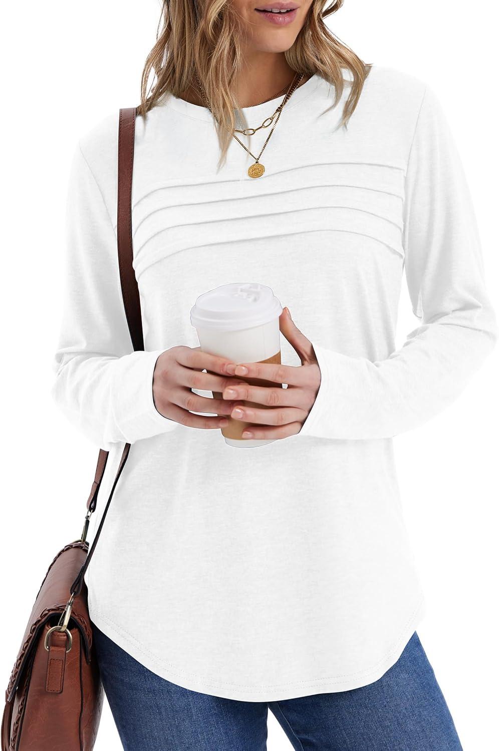 imageXIEERDUO Womens Pleated Tunic Tops Fall Long Sleeve Blouses Fashion Curved Hem Shirts Dressy Casual S3XLA White