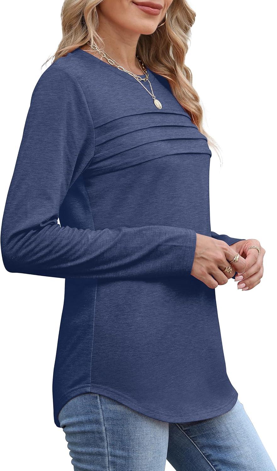 imageXIEERDUO Womens Pleated Tunic Tops Fall Long Sleeve Blouses Fashion Curved Hem Shirts Dressy Casual S3XLBlue