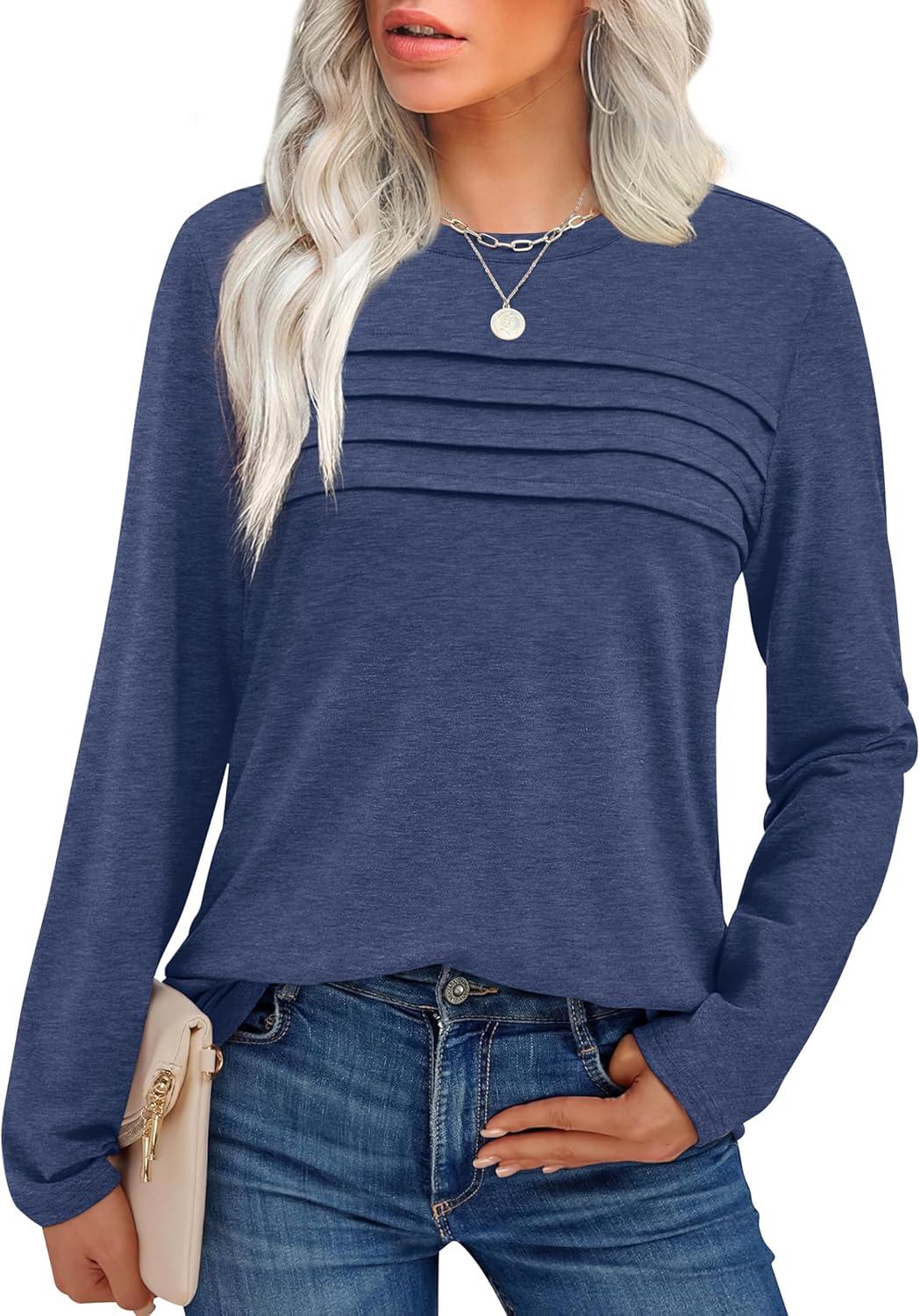 imageXIEERDUO Womens Pleated Tunic Tops Fall Long Sleeve Blouses Fashion Curved Hem Shirts Dressy Casual S3XLBlue