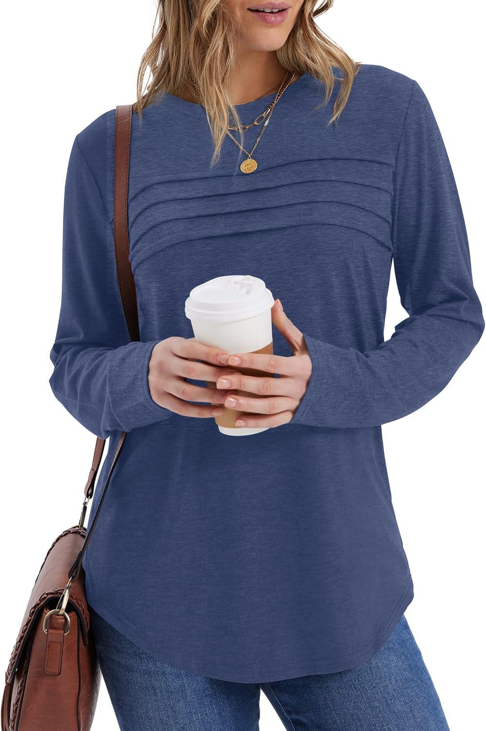 imageXIEERDUO Womens Pleated Tunic Tops Fall Long Sleeve Blouses Fashion Curved Hem Shirts Dressy Casual S3XLBlue