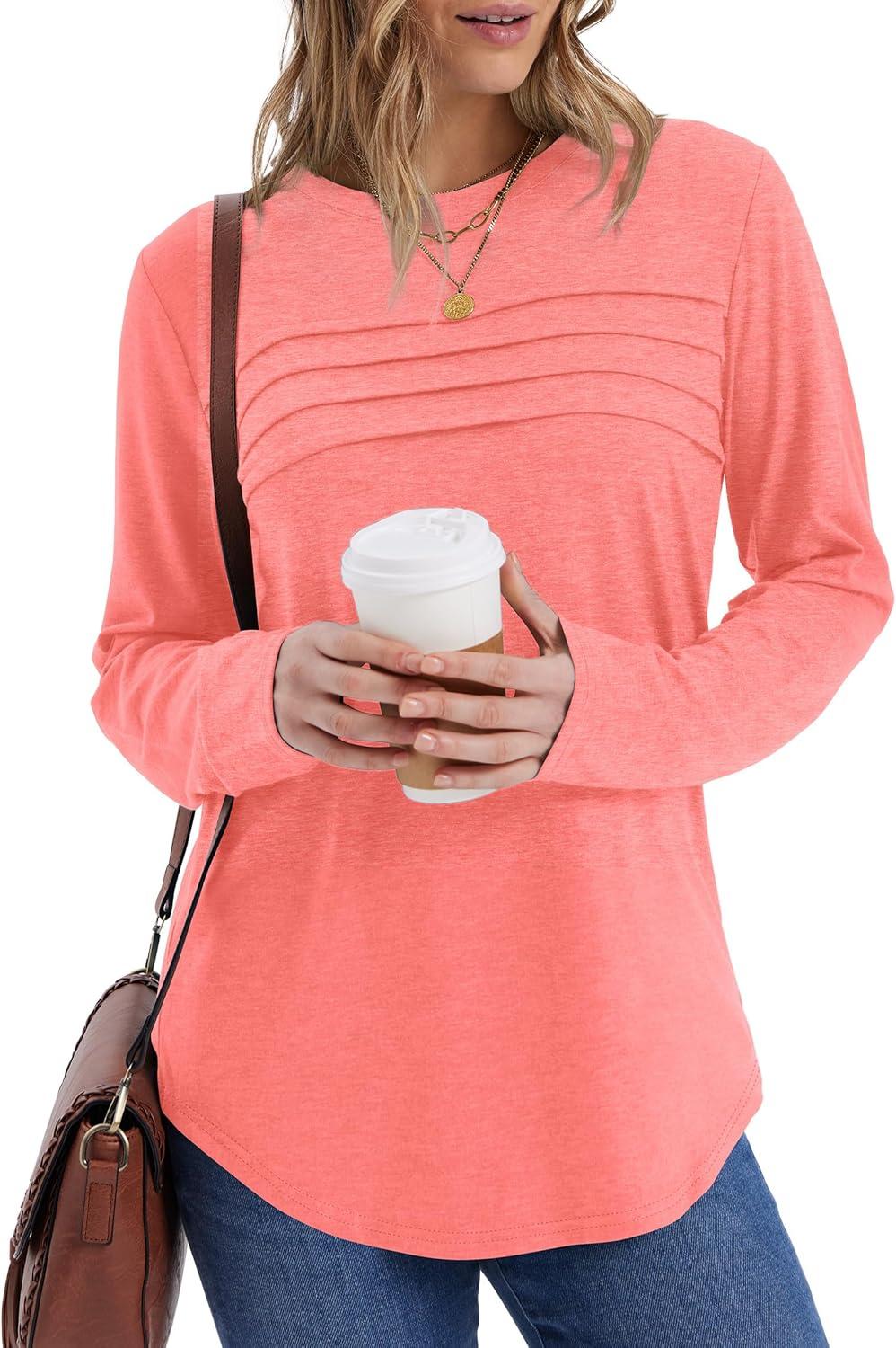 imageXIEERDUO Womens Pleated Tunic Tops Fall Long Sleeve Blouses Fashion Curved Hem Shirts Dressy Casual S3XLCoral