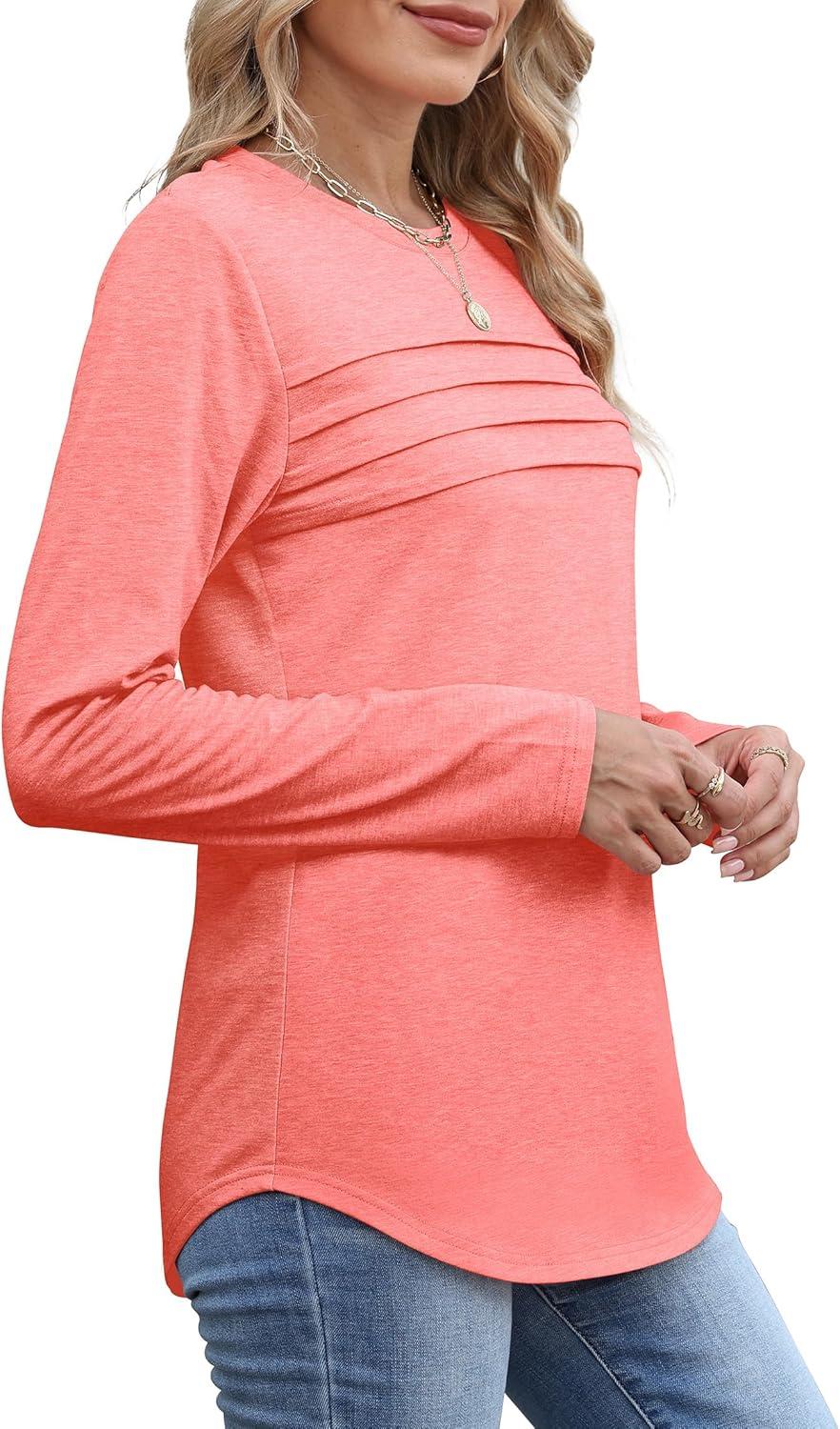 imageXIEERDUO Womens Pleated Tunic Tops Fall Long Sleeve Blouses Fashion Curved Hem Shirts Dressy Casual S3XLCoral