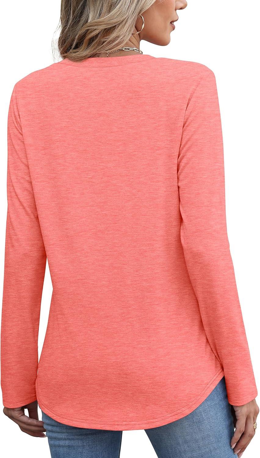 imageXIEERDUO Womens Pleated Tunic Tops Fall Long Sleeve Blouses Fashion Curved Hem Shirts Dressy Casual S3XLCoral