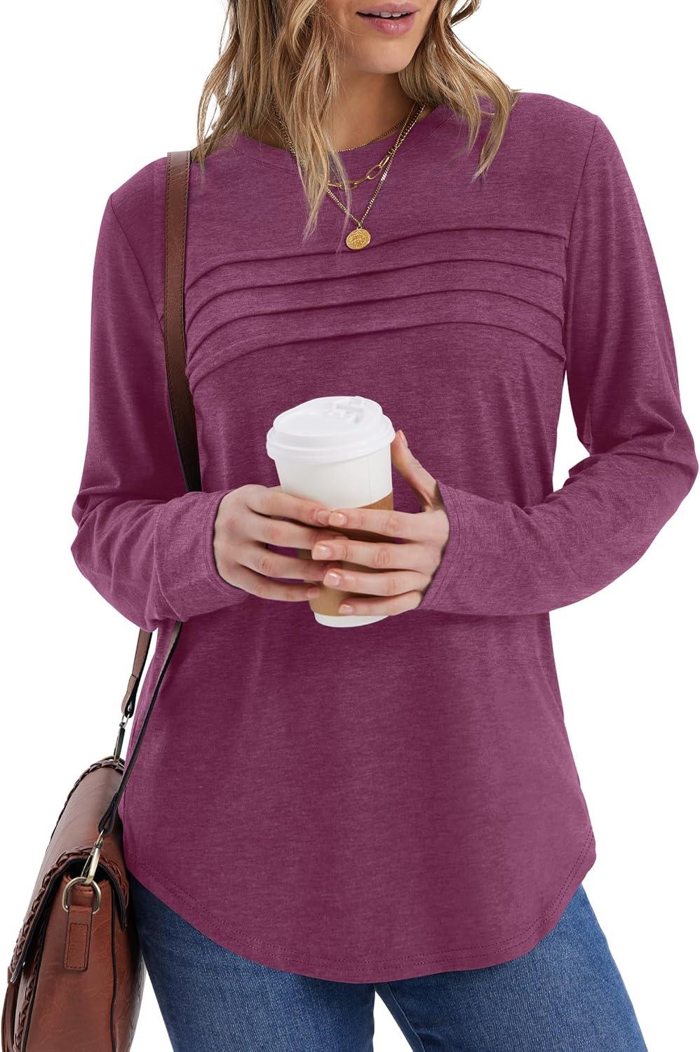 imageXIEERDUO Womens Pleated Tunic Tops Fall Long Sleeve Blouses Fashion Curved Hem Shirts Dressy Casual S3XLDark Purple