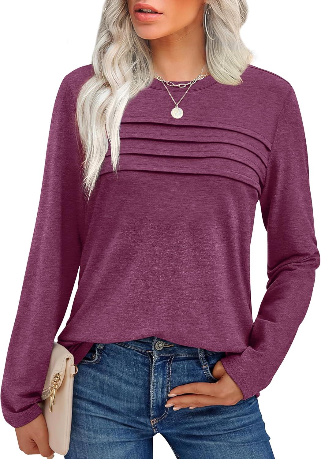 imageXIEERDUO Womens Pleated Tunic Tops Fall Long Sleeve Blouses Fashion Curved Hem Shirts Dressy Casual S3XLDark Purple