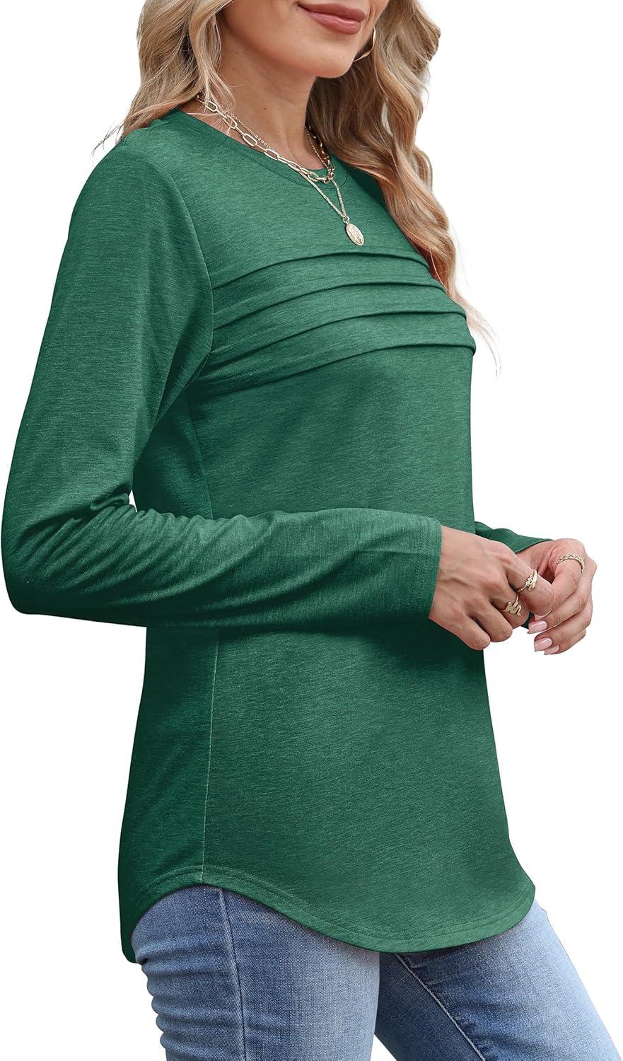 imageXIEERDUO Womens Pleated Tunic Tops Fall Long Sleeve Blouses Fashion Curved Hem Shirts Dressy Casual S3XLDeep Green