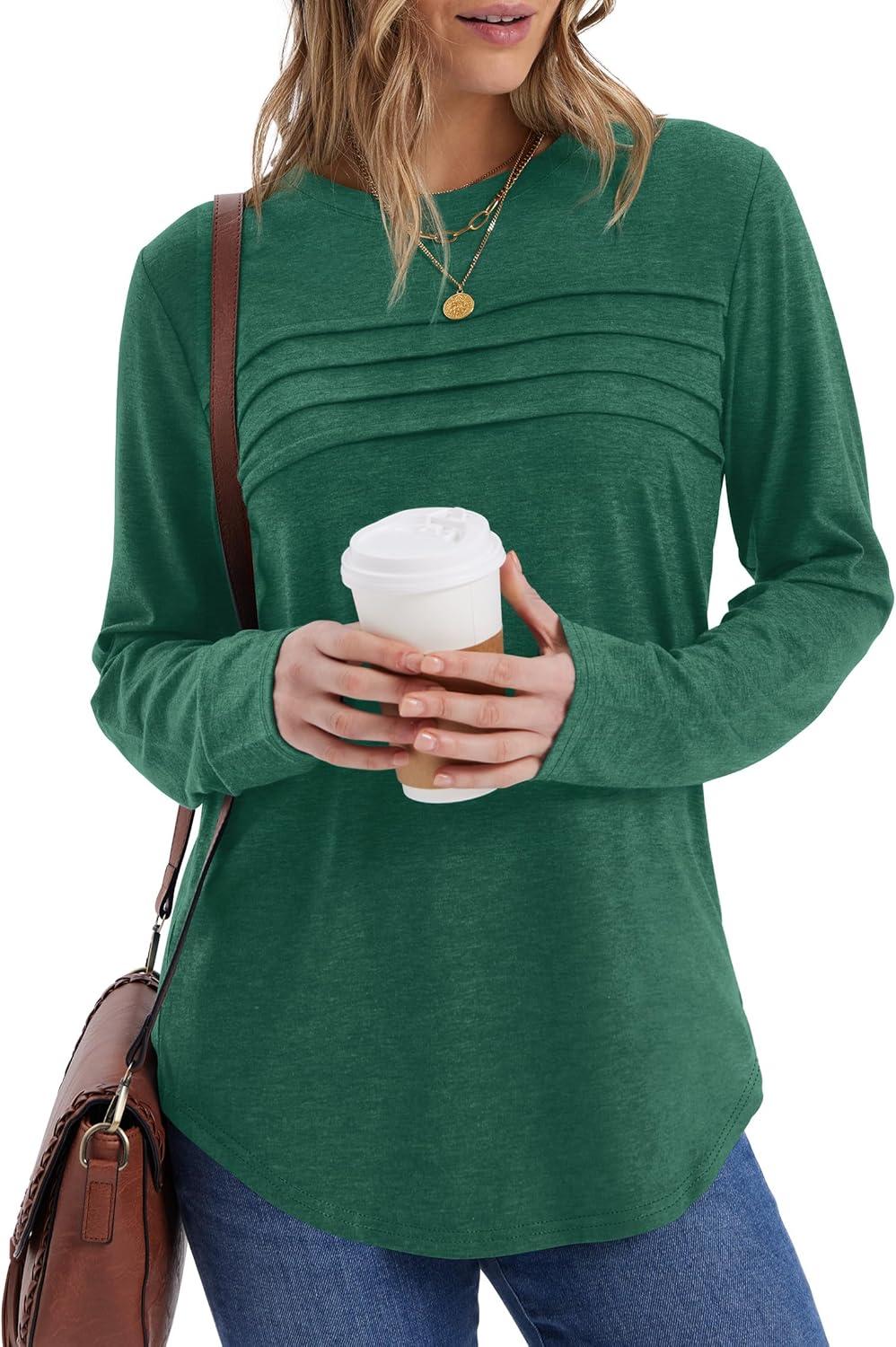 imageXIEERDUO Womens Pleated Tunic Tops Fall Long Sleeve Blouses Fashion Curved Hem Shirts Dressy Casual S3XLDeep Green