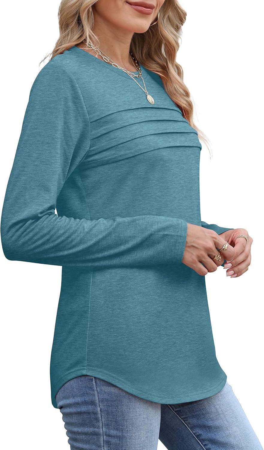 imageXIEERDUO Womens Pleated Tunic Tops Fall Long Sleeve Blouses Fashion Curved Hem Shirts Dressy Casual S3XLTurquoise