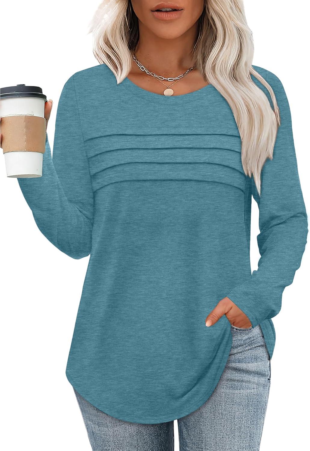 imageXIEERDUO Womens Pleated Tunic Tops Fall Long Sleeve Blouses Fashion Curved Hem Shirts Dressy Casual S3XLTurquoise