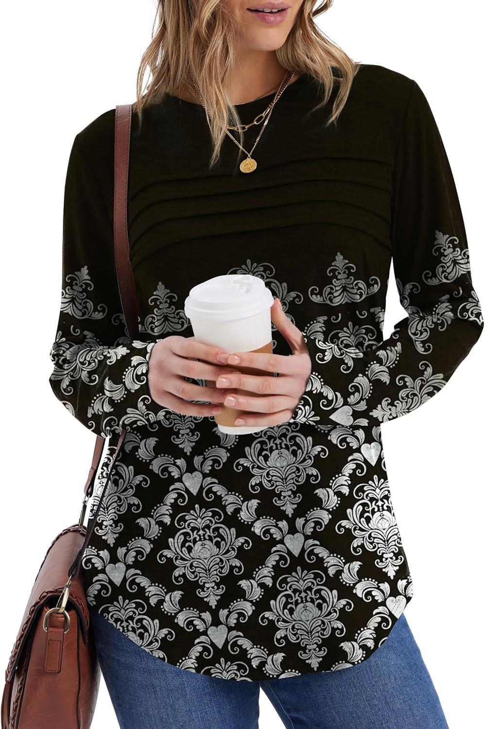 imageXIEERDUO Womens Pleated Tunic Tops Fall Long Sleeve Blouses Fashion Curved Hem Shirts Dressy Casual S3XLZ Black Floral