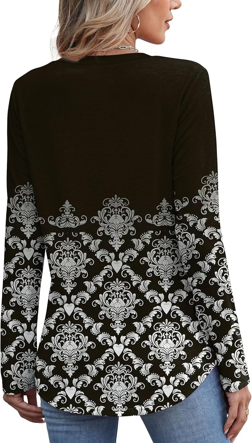 imageXIEERDUO Womens Pleated Tunic Tops Fall Long Sleeve Blouses Fashion Curved Hem Shirts Dressy Casual S3XLZ Black Floral