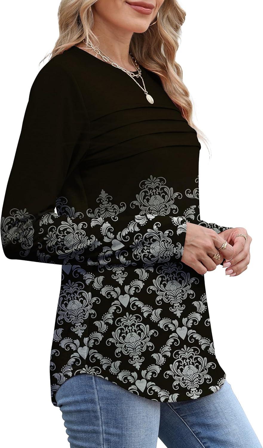 imageXIEERDUO Womens Pleated Tunic Tops Fall Long Sleeve Blouses Fashion Curved Hem Shirts Dressy Casual S3XLZ Black Floral