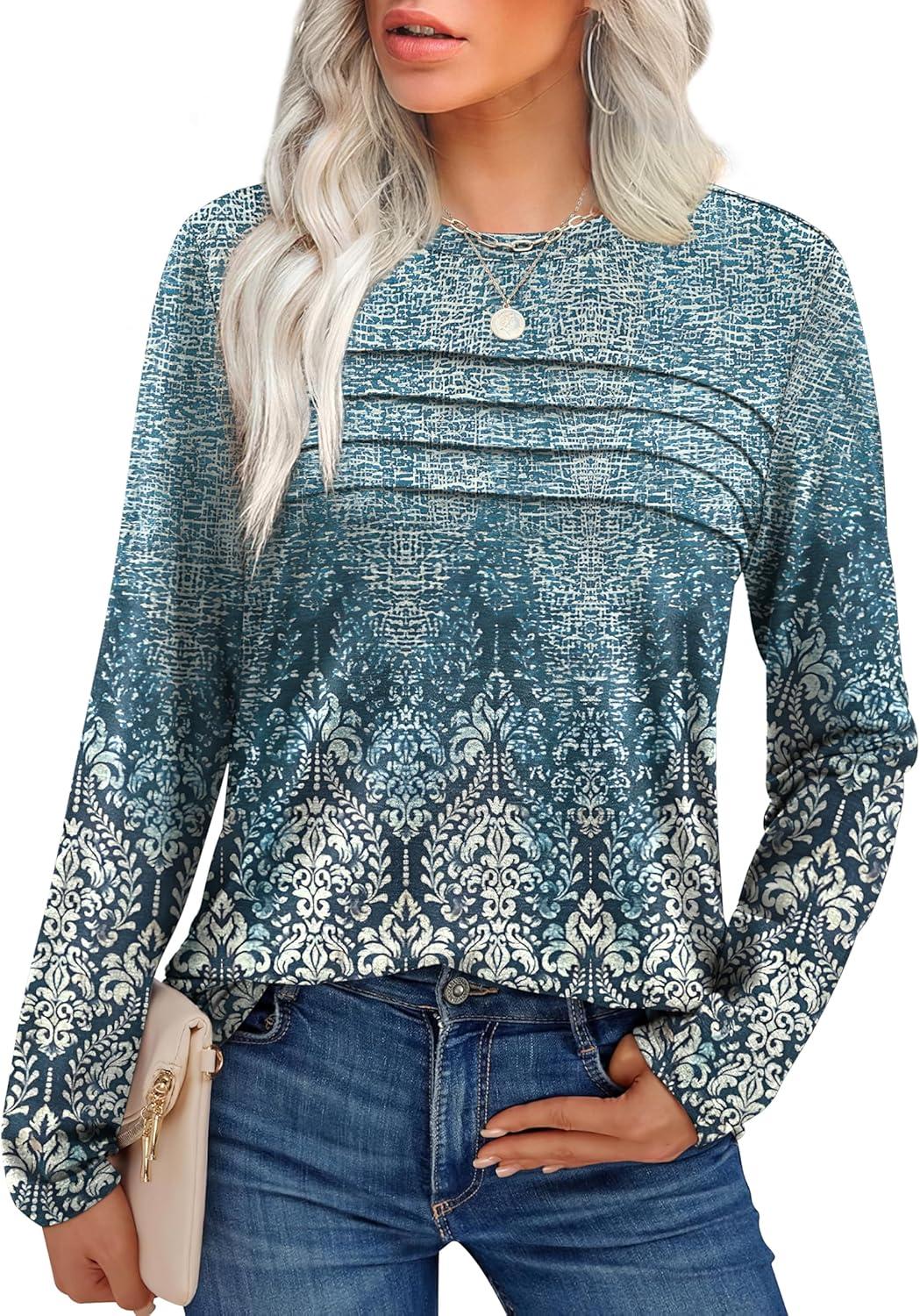 imageXIEERDUO Womens Pleated Tunic Tops Fall Long Sleeve Blouses Fashion Curved Hem Shirts Dressy Casual S3XLZ Blue Floral