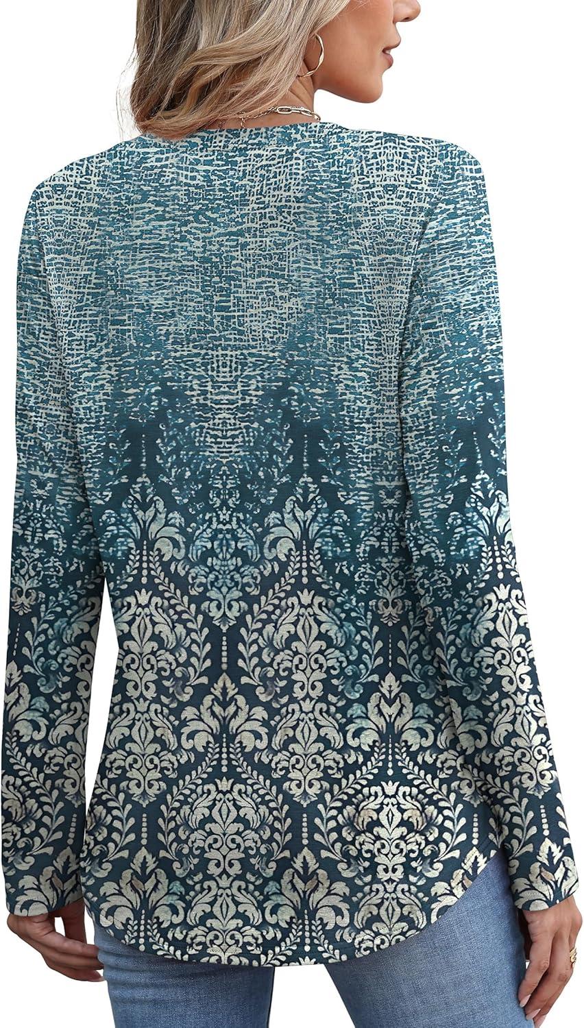 imageXIEERDUO Womens Pleated Tunic Tops Fall Long Sleeve Blouses Fashion Curved Hem Shirts Dressy Casual S3XLZ Blue Floral