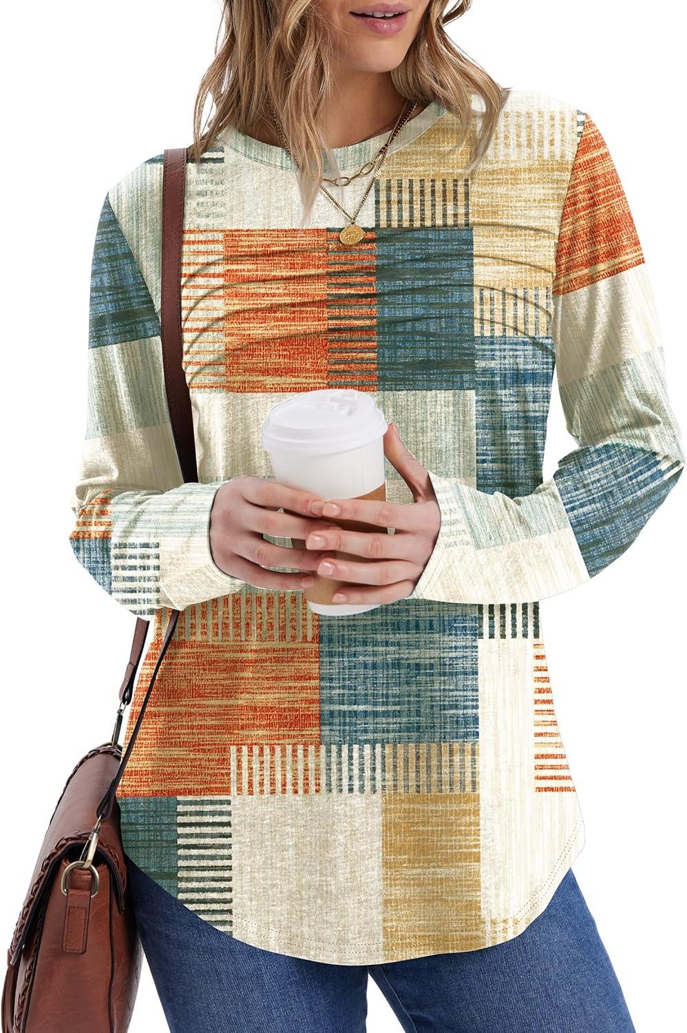 imageXIEERDUO Womens Pleated Tunic Tops Fall Long Sleeve Blouses Fashion Curved Hem Shirts Dressy Casual S3XLZ Plaid