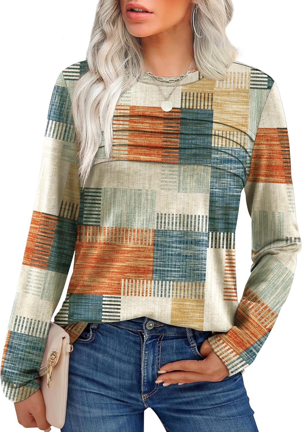 imageXIEERDUO Womens Pleated Tunic Tops Fall Long Sleeve Blouses Fashion Curved Hem Shirts Dressy Casual S3XLZ Plaid