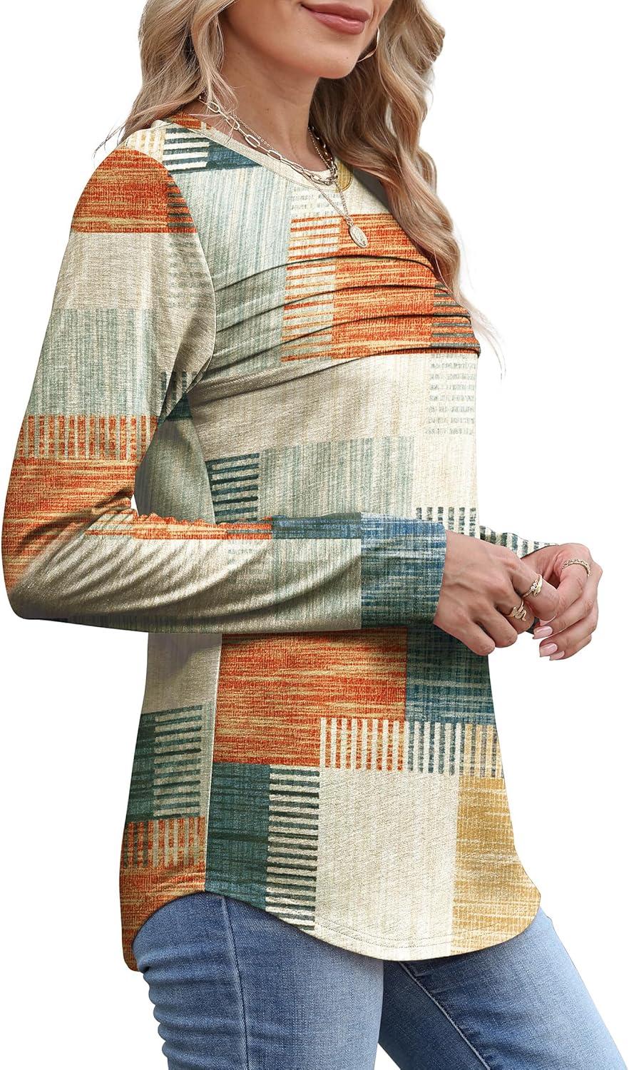 imageXIEERDUO Womens Pleated Tunic Tops Fall Long Sleeve Blouses Fashion Curved Hem Shirts Dressy Casual S3XLZ Plaid