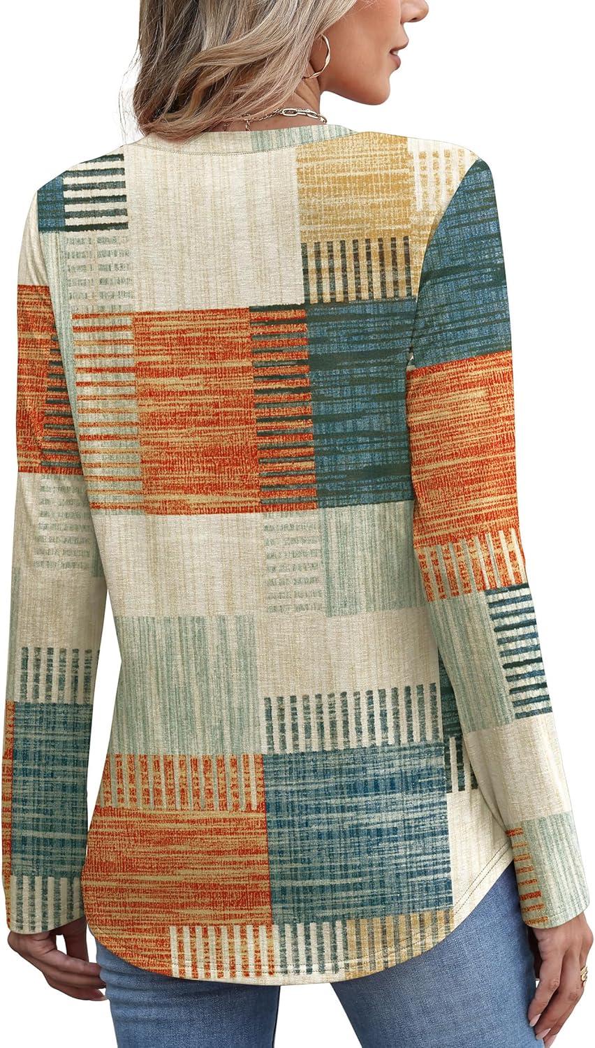 imageXIEERDUO Womens Pleated Tunic Tops Fall Long Sleeve Blouses Fashion Curved Hem Shirts Dressy Casual S3XLZ Plaid