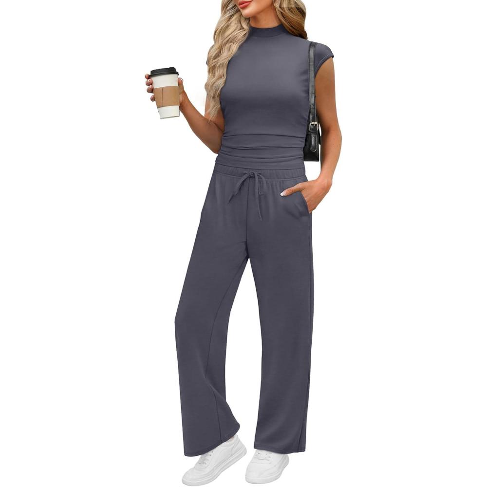 imageXIEERDUO Two Piece Lounge Sets for Women Mock Neck Cap Sleeve Tops Wide Leg Casual Pants Summer Beach Vacation Travel OutfitLight Grey