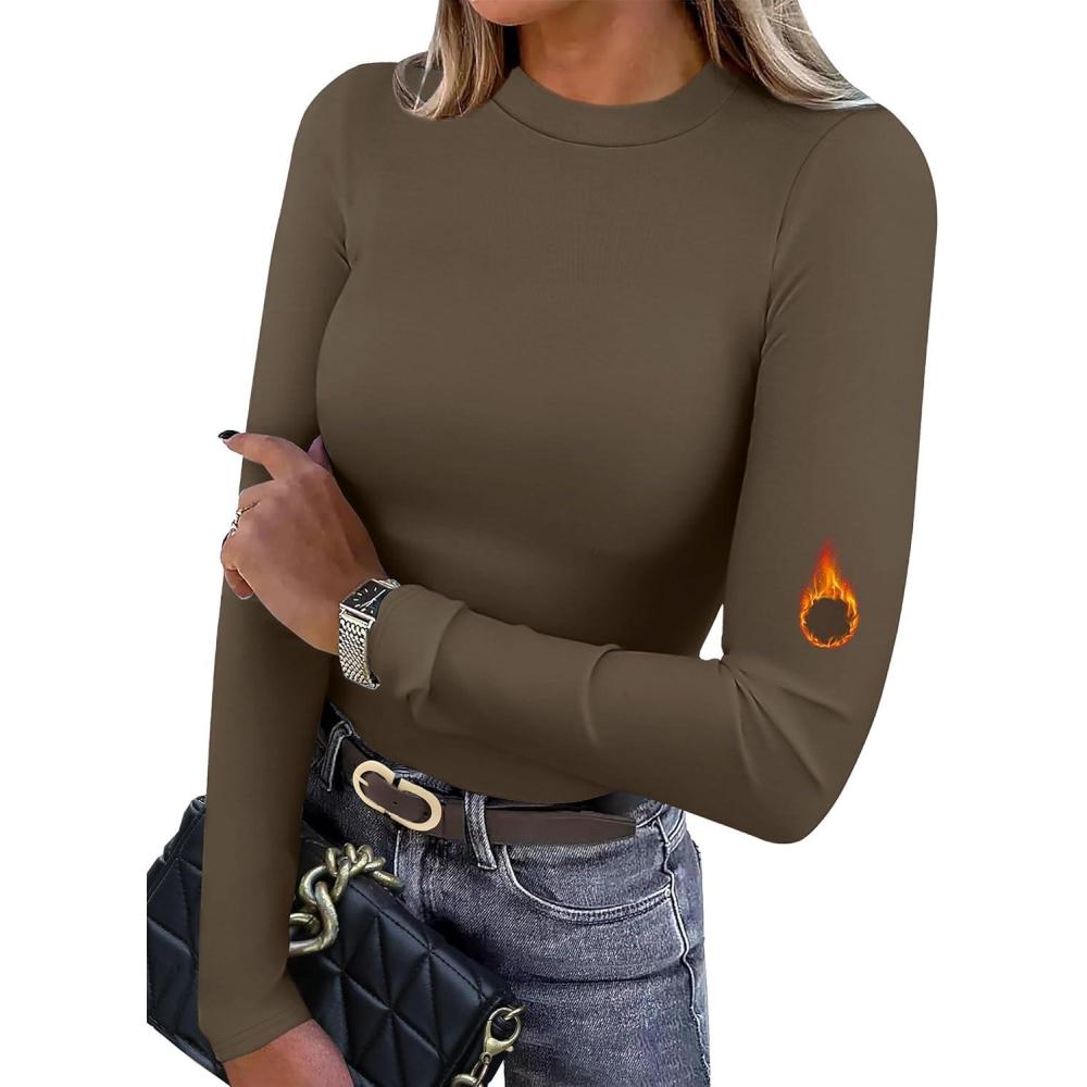 imageXIEERDUO Womens Long Sleeve Thermal Shirt Fleece Mock Neck Tops 2025 Fashion Slim FitCoffee