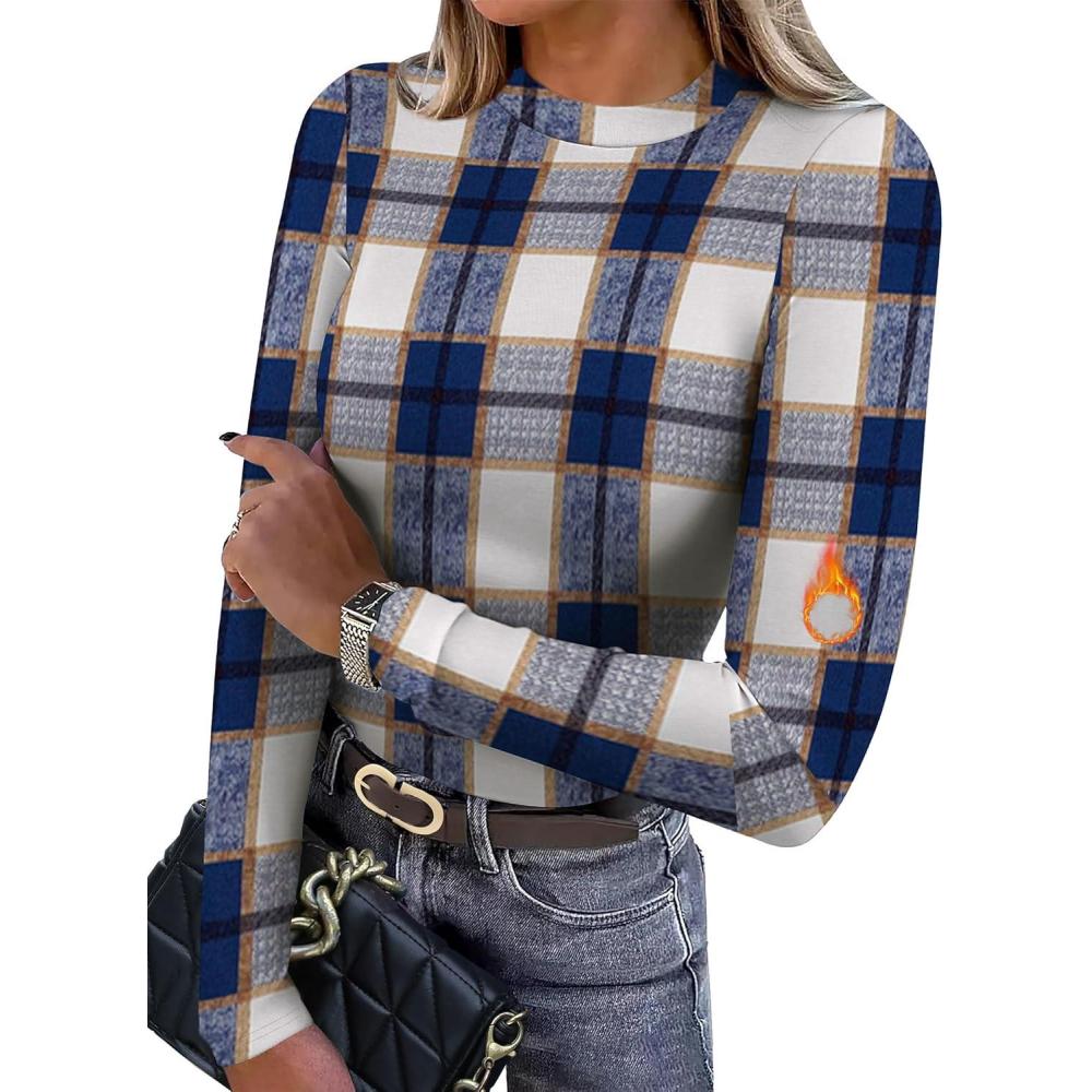imageXIEERDUO Womens Long Sleeve Thermal Shirt Fleece Mock Neck Tops 2025 Fashion Slim FitFblue Grid