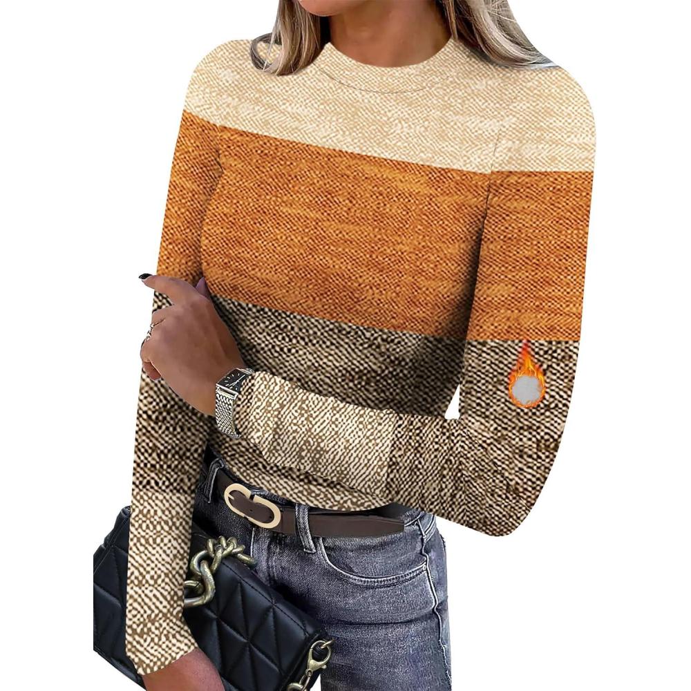 imageXIEERDUO Womens Long Sleeve Thermal Shirt Fleece Mock Neck Tops 2025 Fashion Slim FitFcolor Block