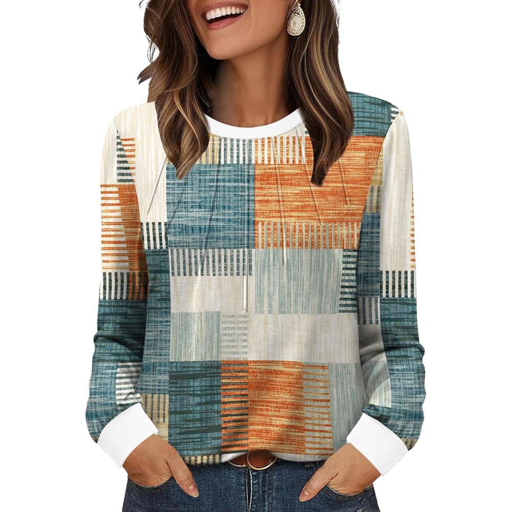 imageXIEERDUO Womens Long Sleeve Tops Color Block Casual Crewneck Tops Tshirt Basic Tee Fall Fashion Clothes Trendy OutfitsPatternedorange and Blue Plaid
