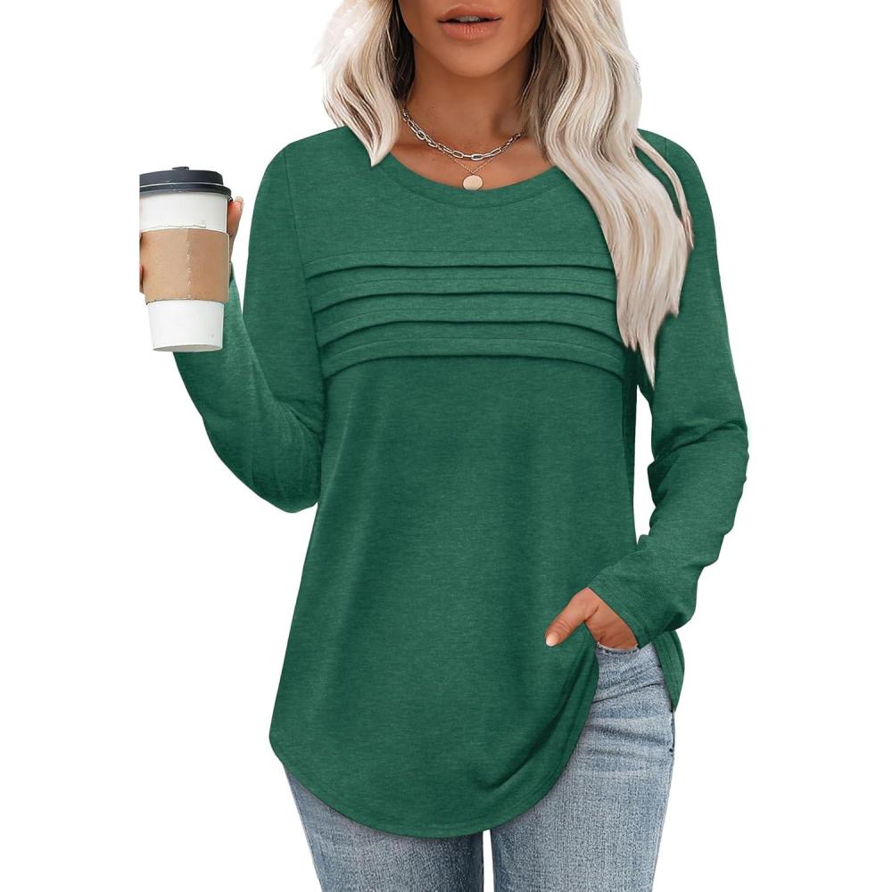 imageXIEERDUO Womens Pleated Tunic Tops Fall Long Sleeve Blouses Fashion Curved Hem Shirts Dressy Casual S3XLDeep Green