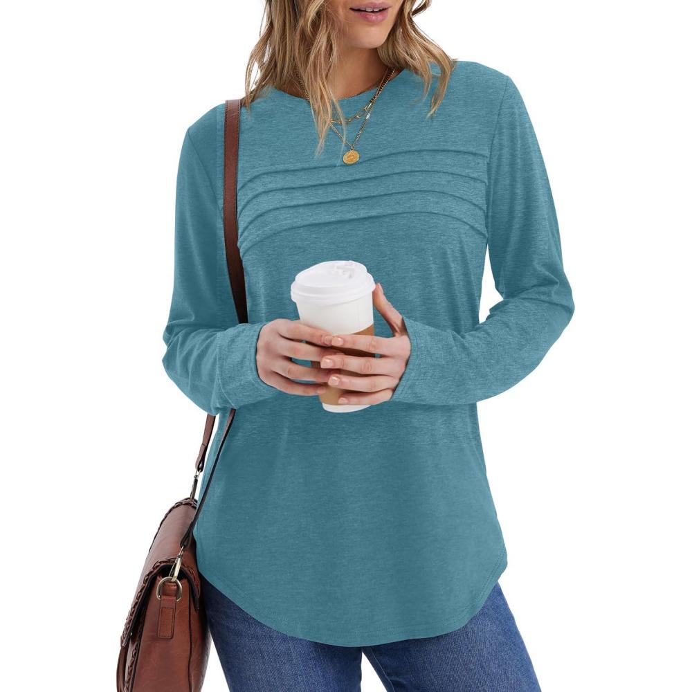 imageXIEERDUO Womens Pleated Tunic Tops Fall Long Sleeve Blouses Fashion Curved Hem Shirts Dressy Casual S3XLTurquoise