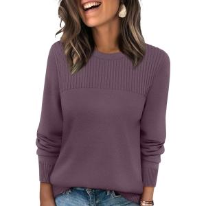 XIEERDUO Sweaters for Women Long Sleeve Shirts Round Neck Ribbed Knit Pullover Sweater Fashion Clothing(Gray Purple)