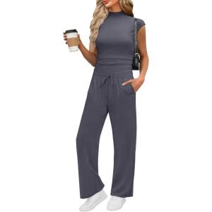 XIEERDUO Two Piece Lounge Sets for Women Mock Neck Cap Sleeve Tops Wide Leg Casual Pants Summer Beach Vacation Travel Outfit(Light Grey)