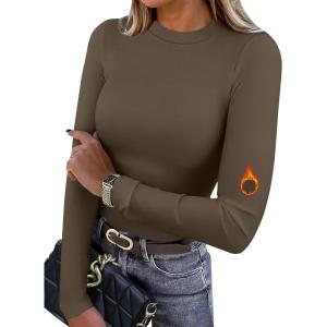 XIEERDUO Womens Long Sleeve Thermal Shirt Fleece Mock Neck Tops 2025 Fashion Slim Fit(Coffee)